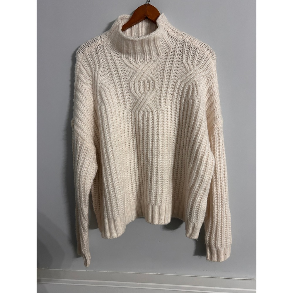 Aerie Cream Chunky Cable Knit Mock Neck Wool Blend Sweater Ivory Medium